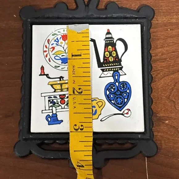 Vintage Ceramic Tile Cast Iron Trivet Folk Art Tulips Coffee Chadwick Japan - Picture 6 of 7